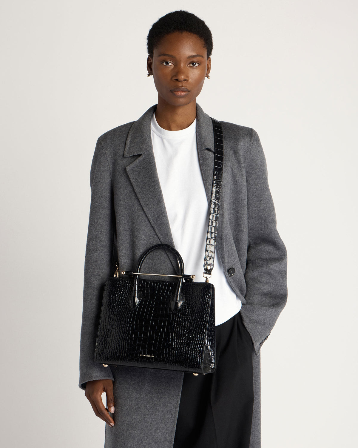 Midi Tote - Croc-Embossed Leather Black