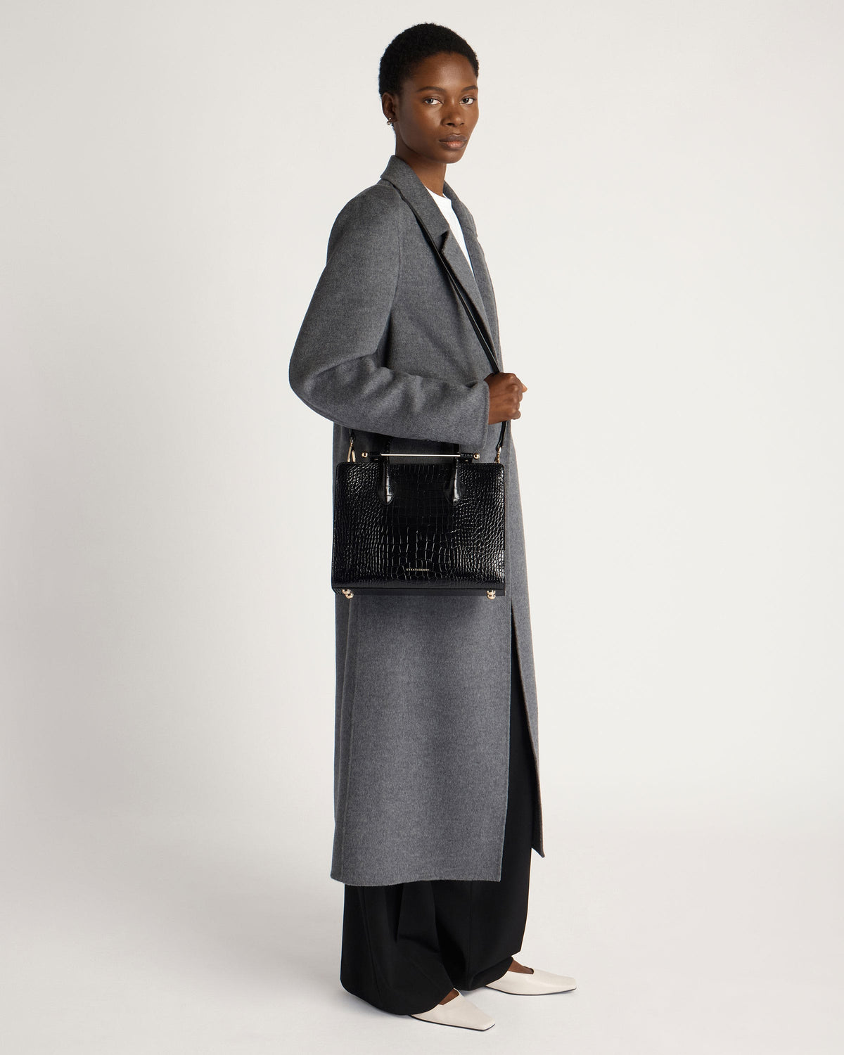 Midi Tote - Croc-Embossed Leather Black