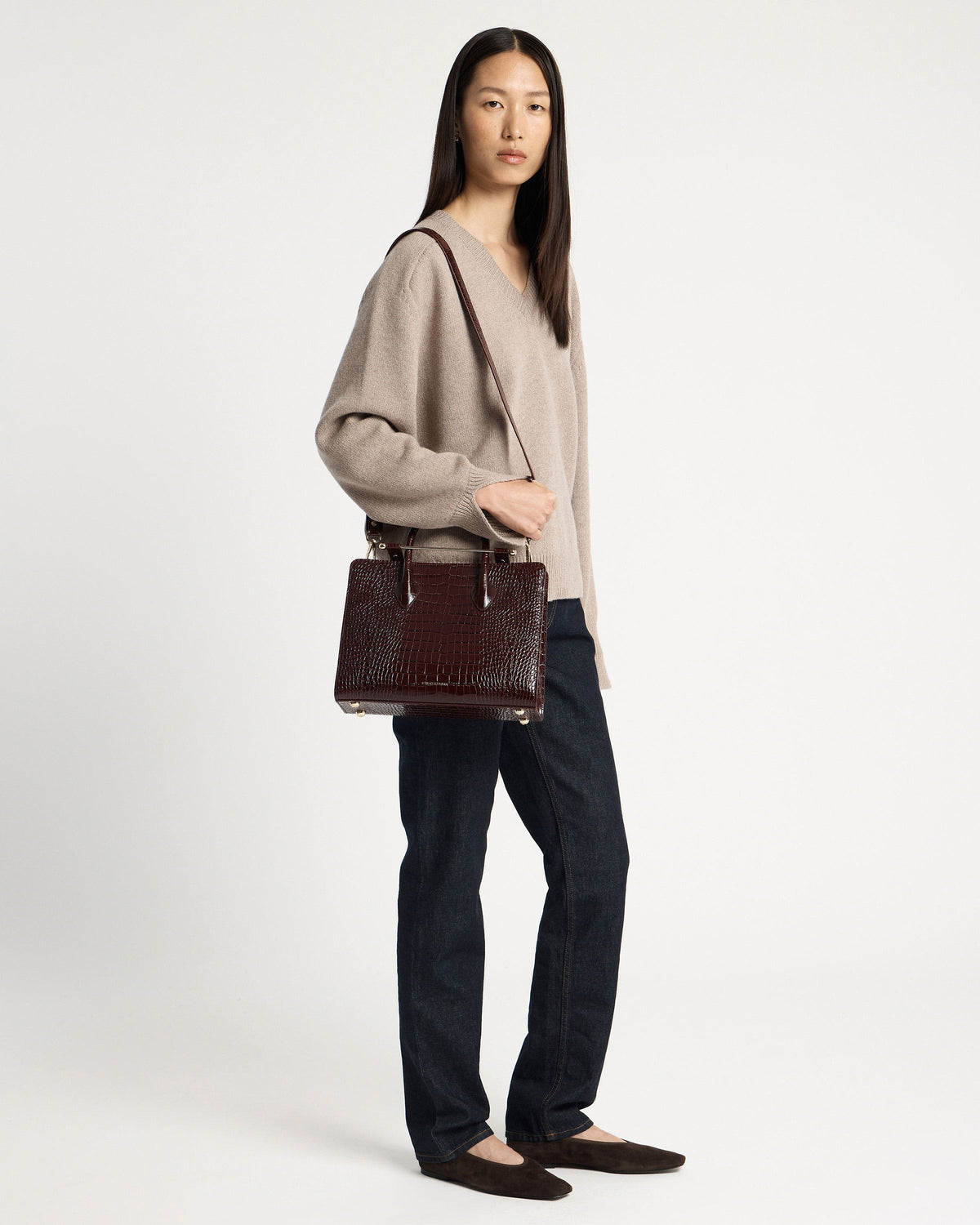 Midi Tote - Croc-Embossed Leather Burgundy