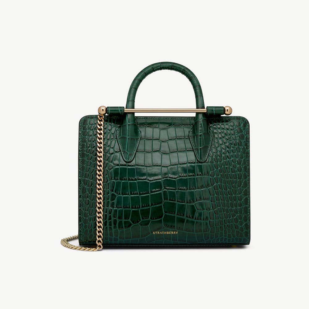 Mini Tote - Croc-Embossed Leather Bottle Green