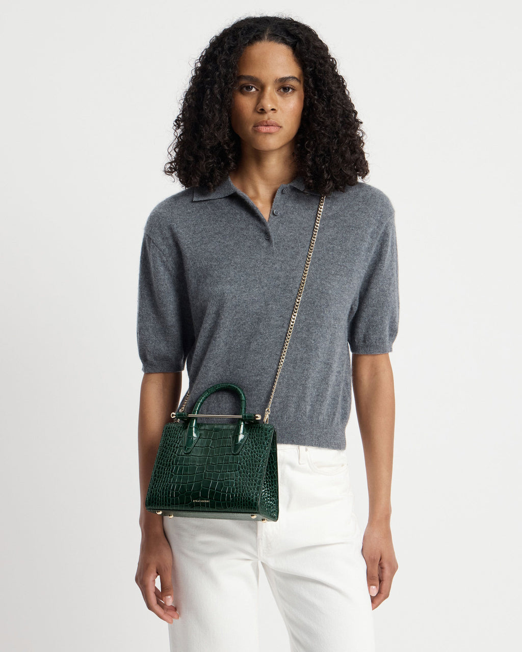 Mini Tote - Croc-Embossed Leather Bottle Green