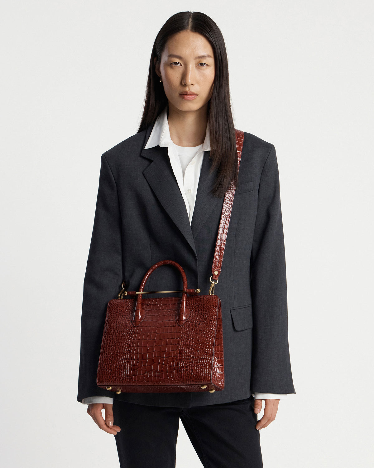 Midi Tote - Croc-Embossed Leather Oxblood