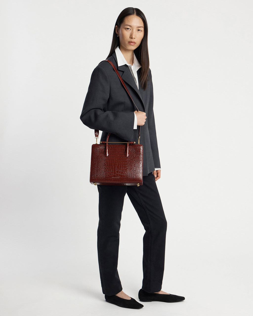 Midi Tote - Croc-Embossed Leather Oxblood