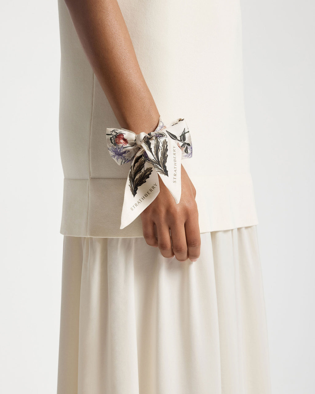 Silk Skinny Scarf - Vanilla/Forest Green Thistle Print