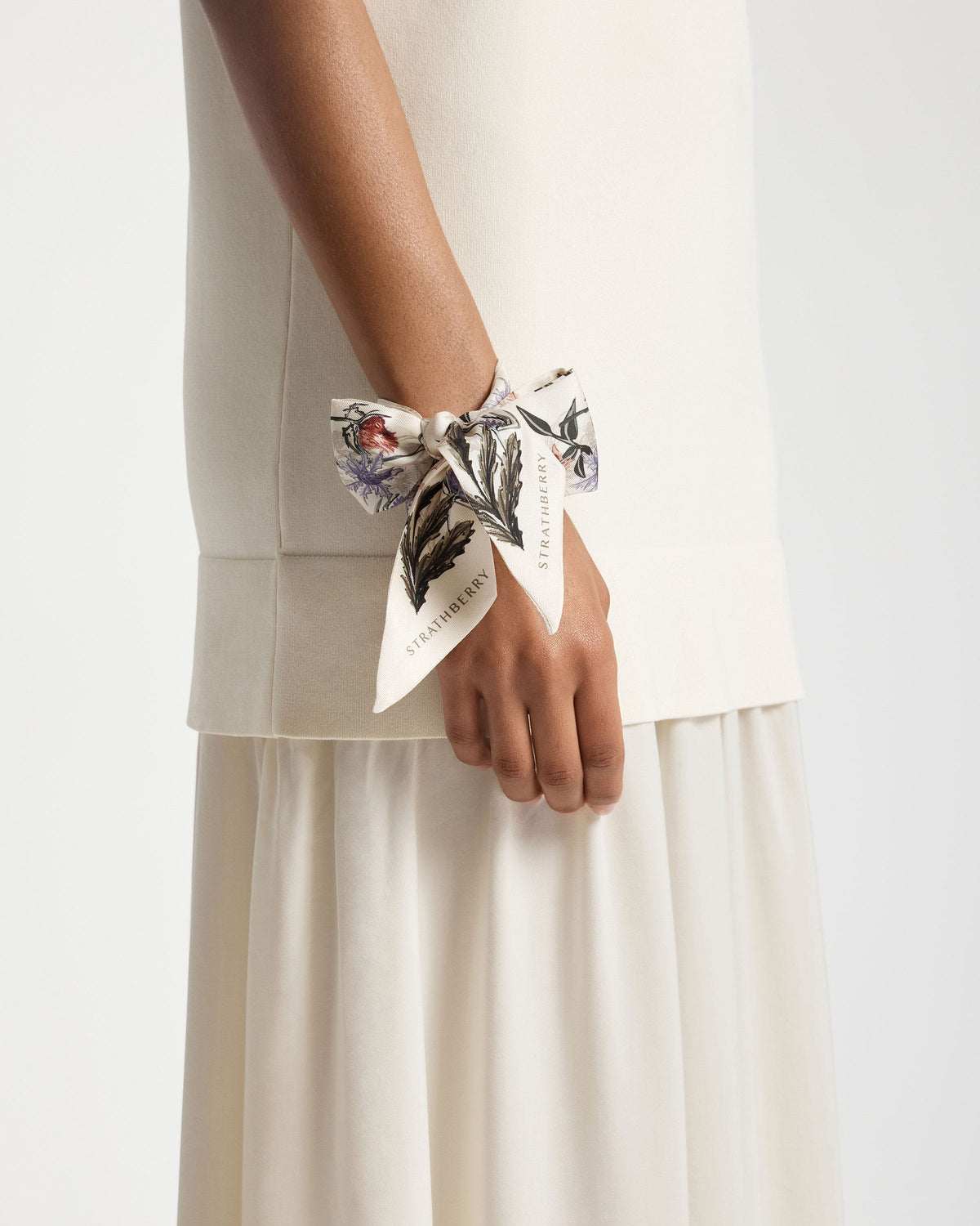 Silk Skinny Scarf - Vanilla/Forest Green Thistle Print