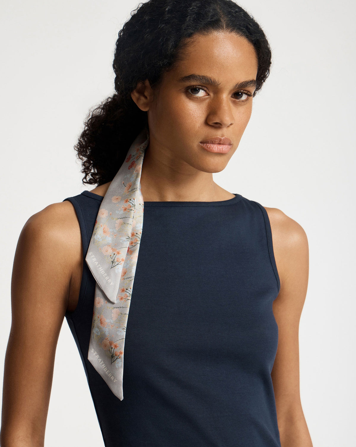 Silk Skinny Scarf - Marble Grey Frame Flower Print