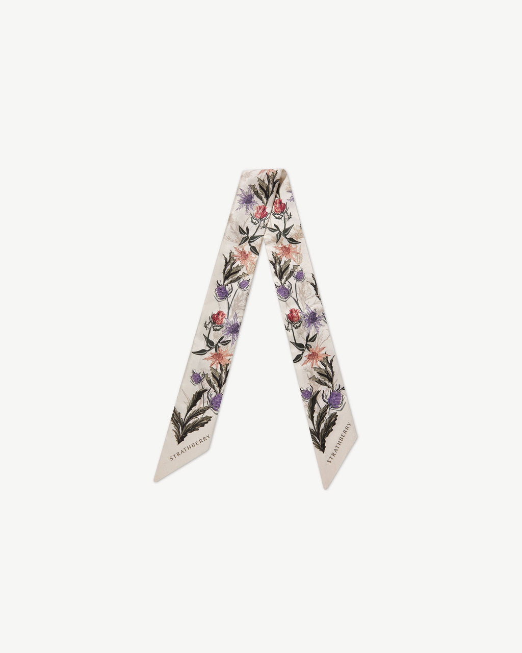Silk Skinny Scarf - Vanilla/Forest Green Thistle Print