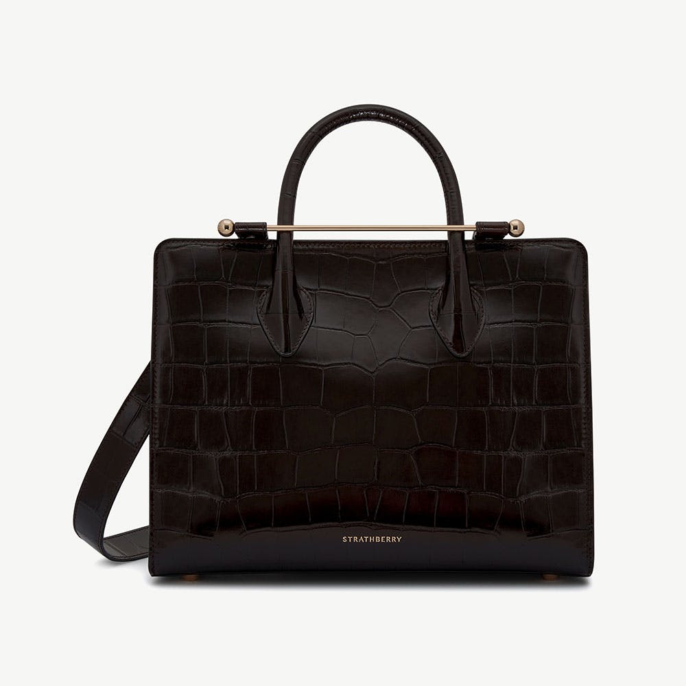 Midi Tote - Croc-Embossed Leather Mahogany