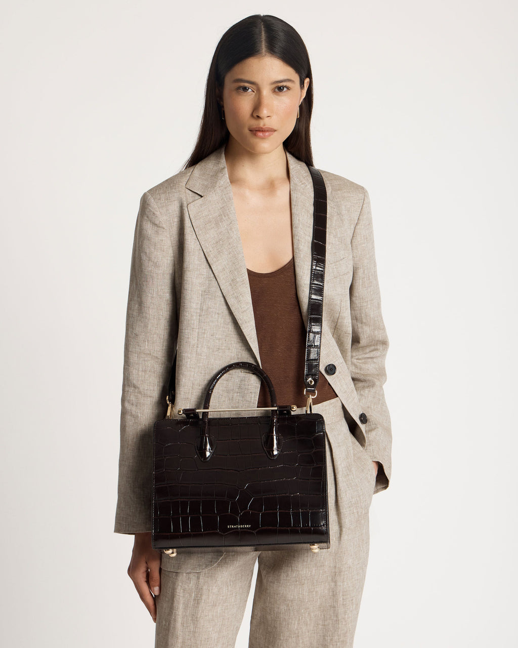Midi Tote - Croc-Embossed Leather Mahogany