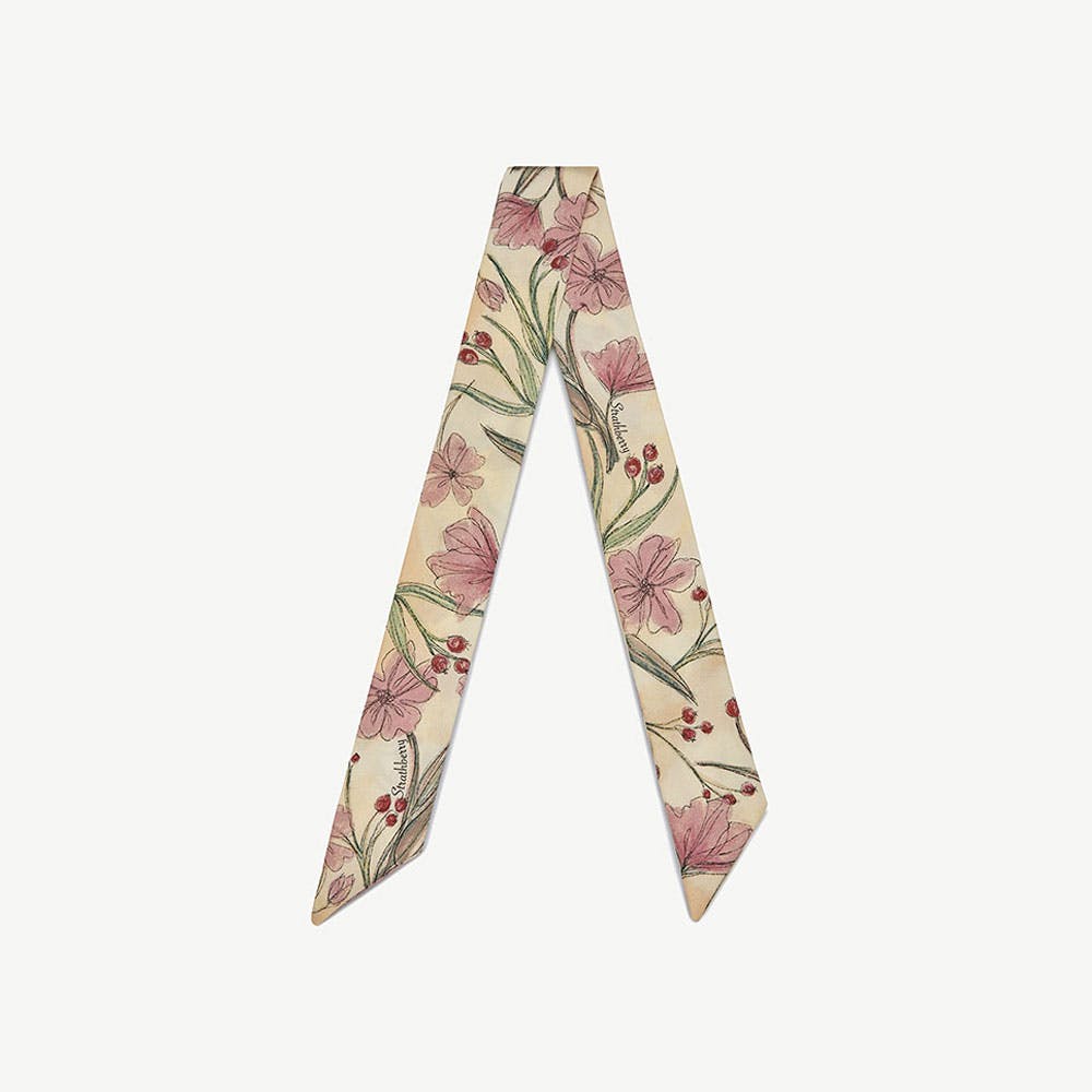 Silk Skinny Scarf - Butter Yellow Berry Flower