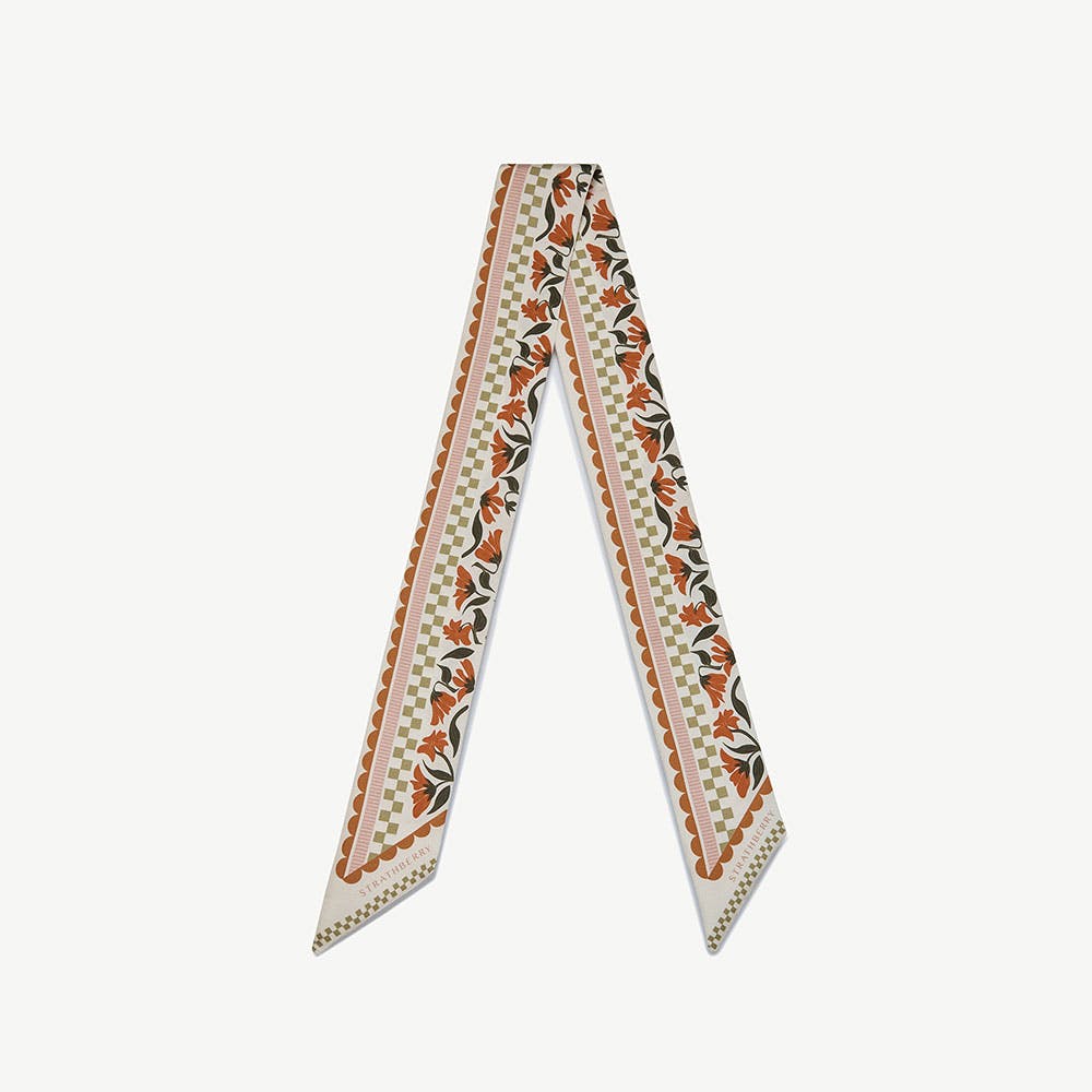 Silk Skinny Scarf - Vanilla/Red Gingham Stripe