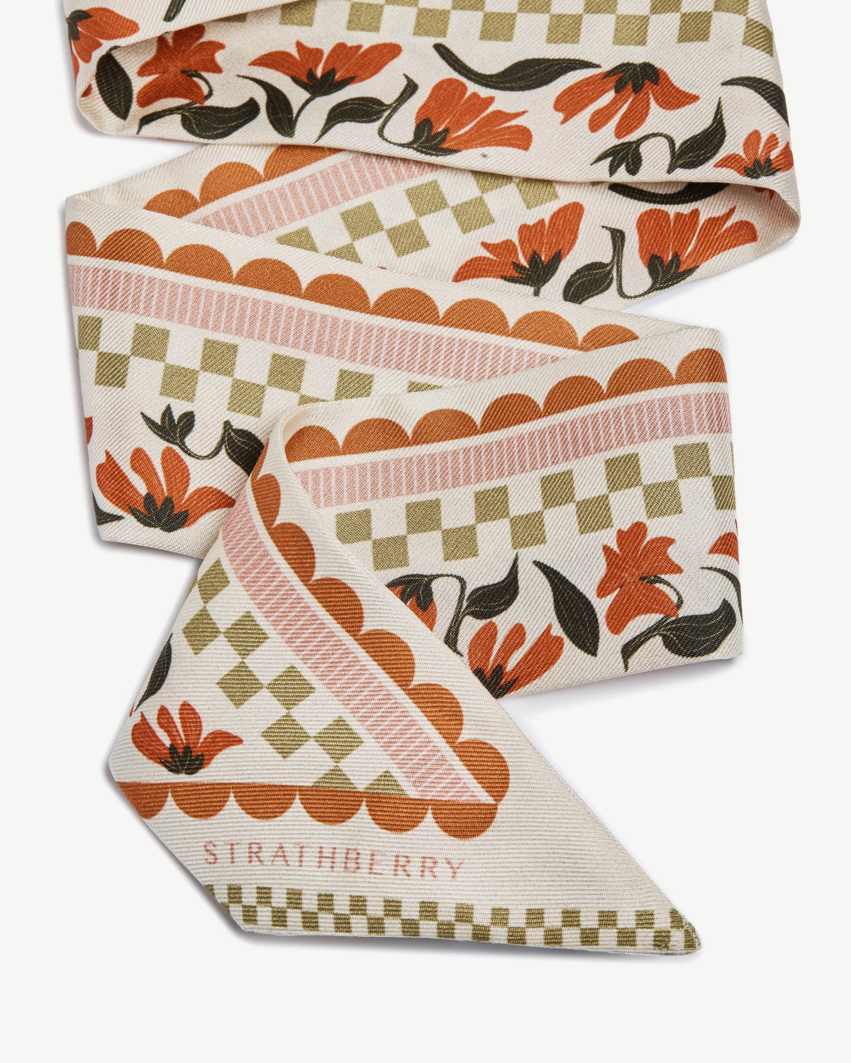 Silk Skinny Scarf - Vanilla/Red Gingham Stripe