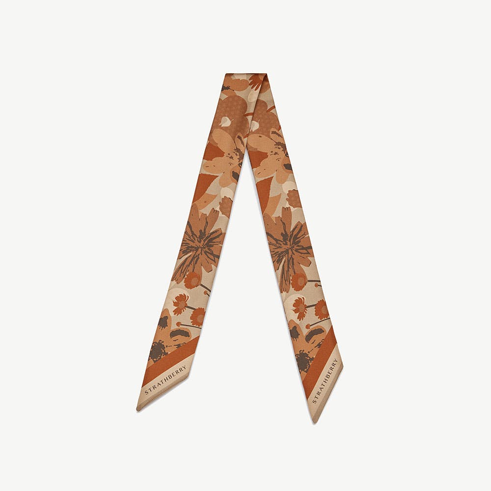 Silk Skinny Scarf - Caramel/Tan Block Floral