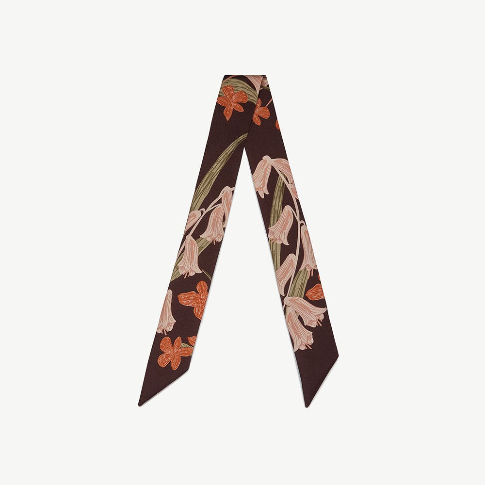 Silk Skinny Scarf - Burgundy/Pink Bluebell Floral