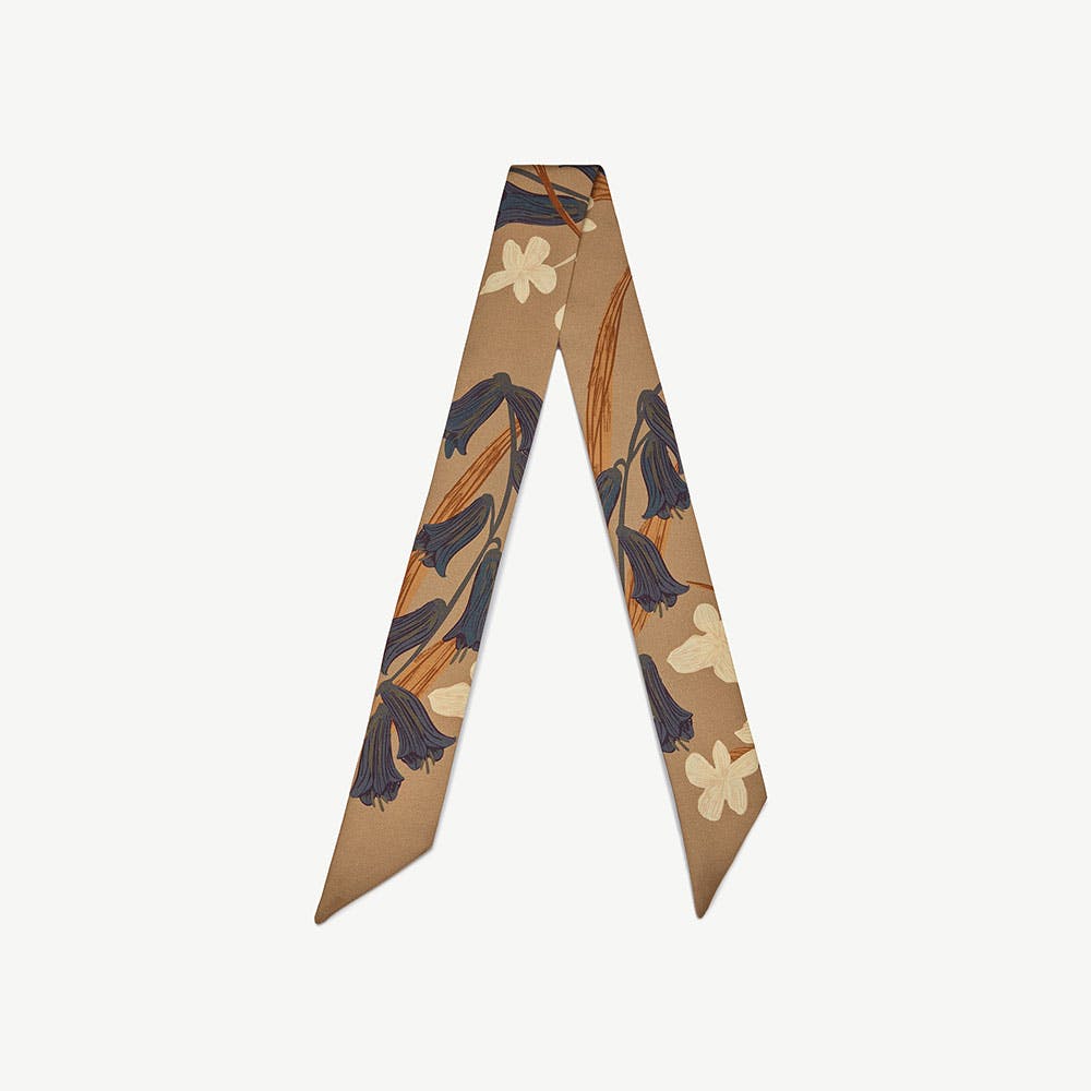 Silk Skinny Scarf - Cognac/Butter Bluebell Floral