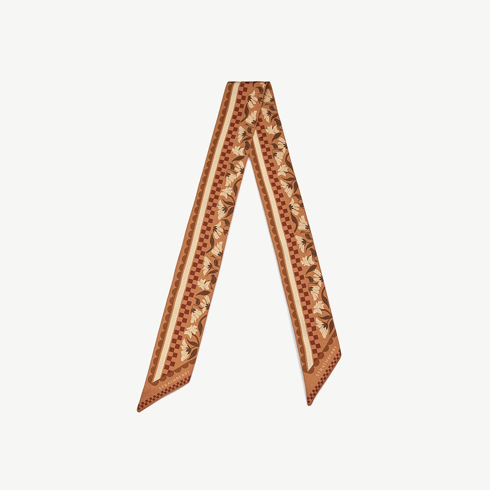 Silk Skinny Scarf - Tan Floral Gingham Stripe