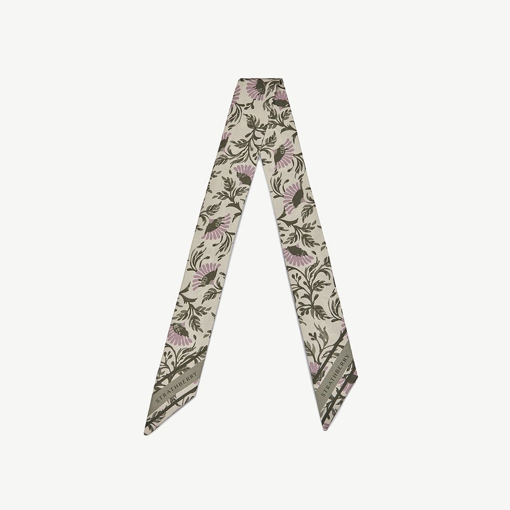 Silk Skinny Scarf - Vanilla/Green Thistle Print