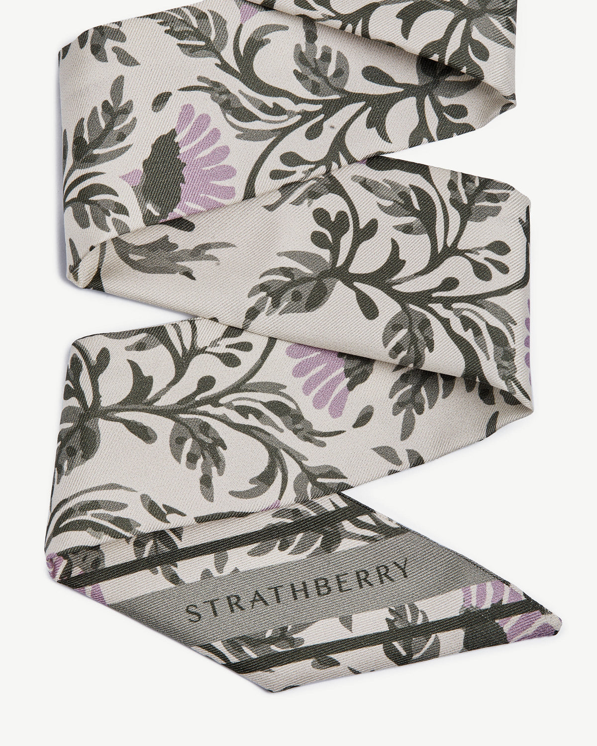 Silk Skinny Scarf - Vanilla/Green Thistle Print