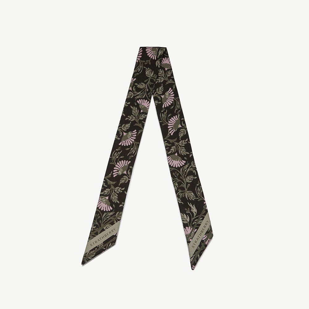Silk Skinny Scarf - Dark Green Thistle Print