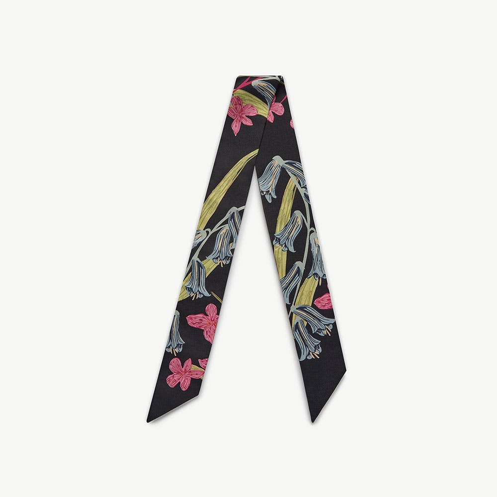 Silk Skinny Scarf - Black/Blue/Pink Bluebell Floral