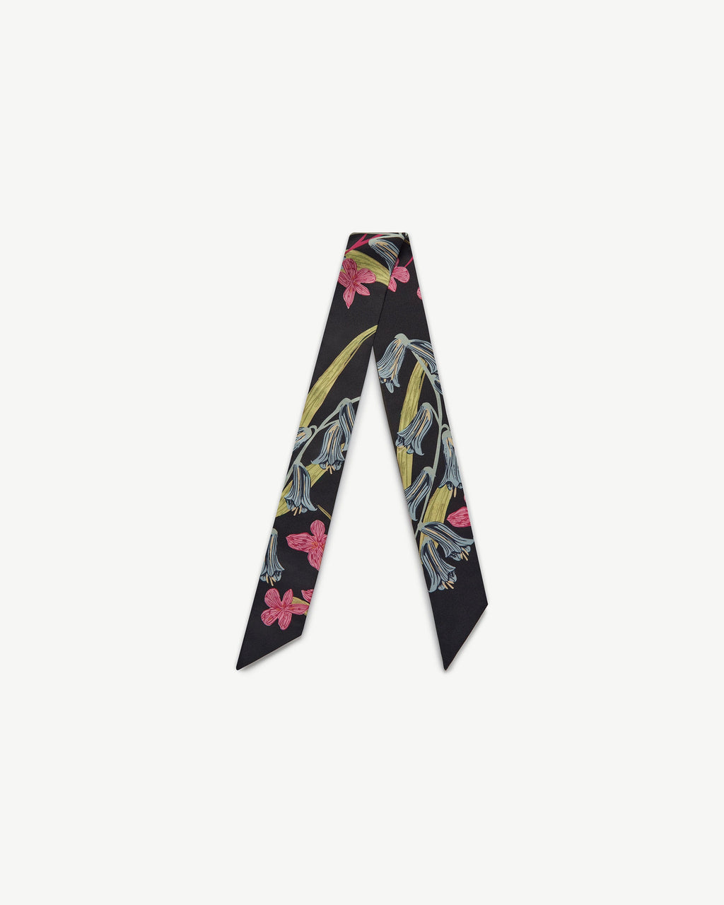 Silk Skinny Scarf - Black/Blue/Pink Bluebell Floral
