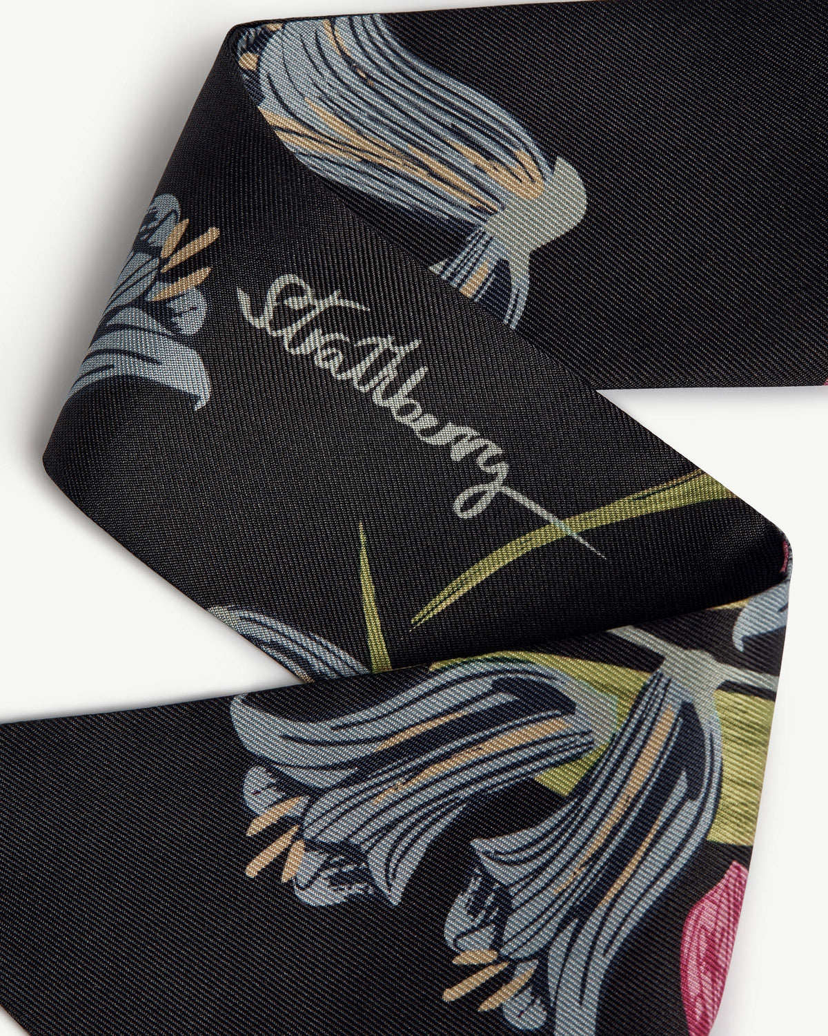 Silk Skinny Scarf - Black/Blue/Pink Bluebell Floral
