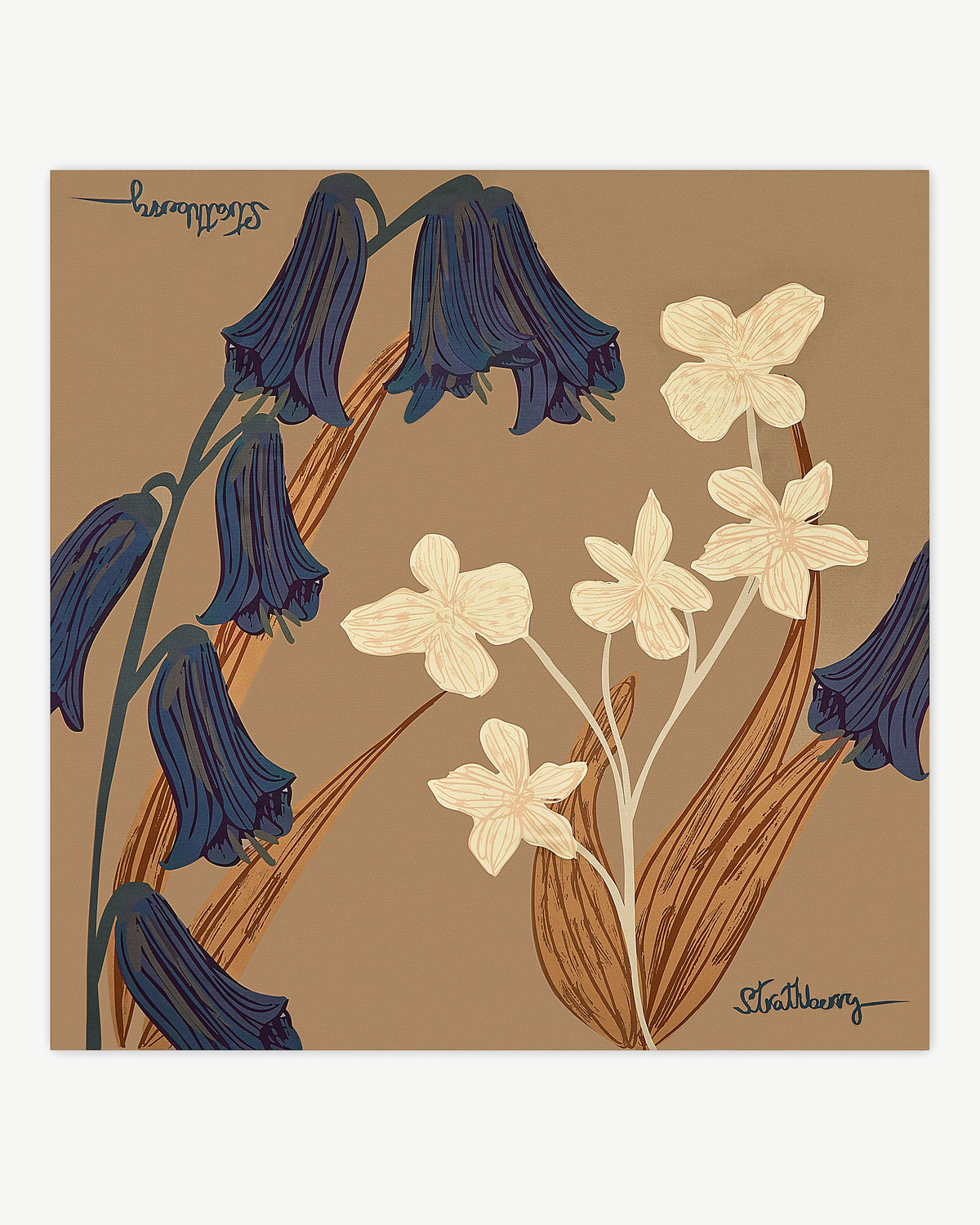 Silk Square Scarf - Cognac/Butter Yellow Bluebell Floral Print