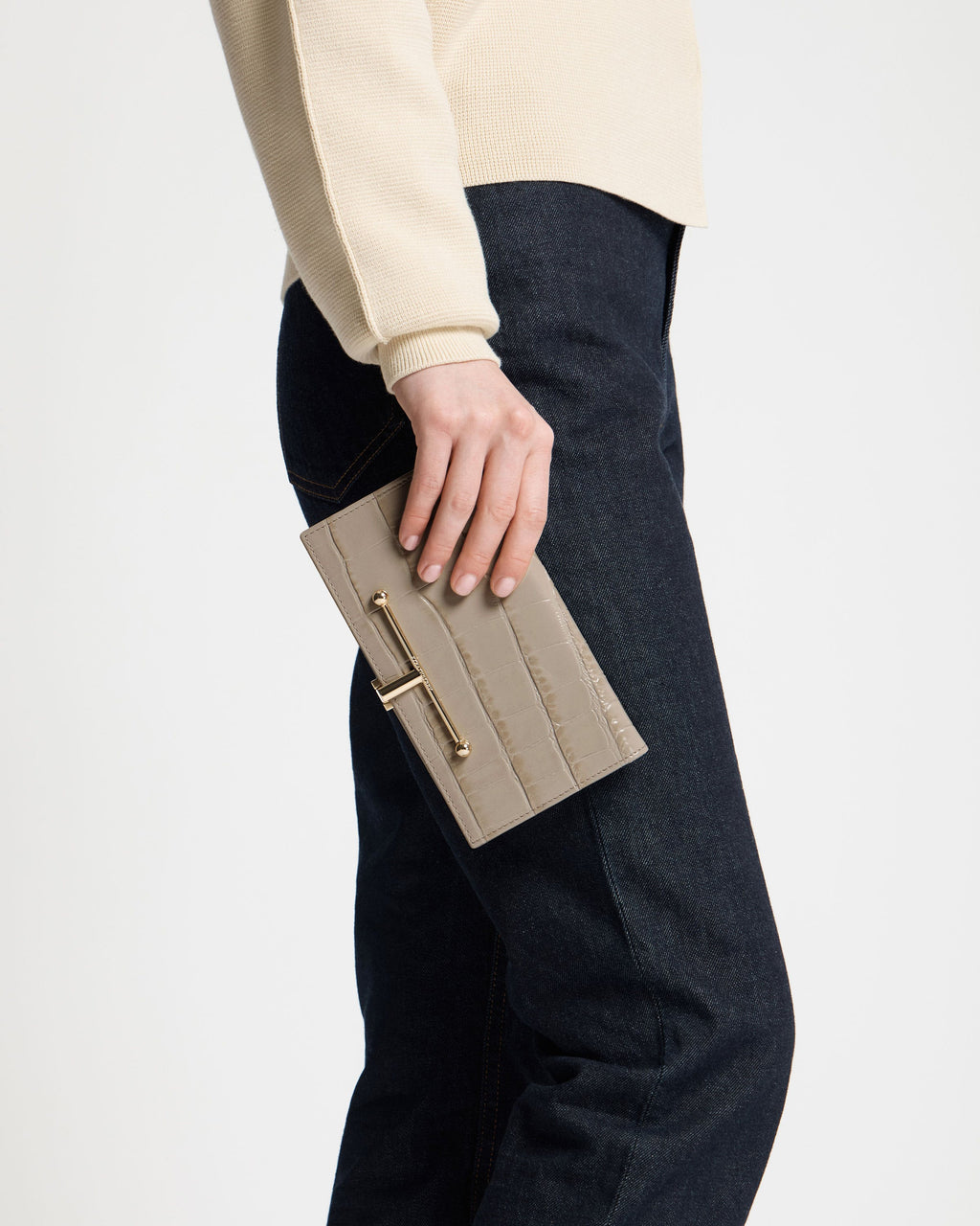 Large Melville Street Wallet - Croc-Embossed Leather Light Taupe