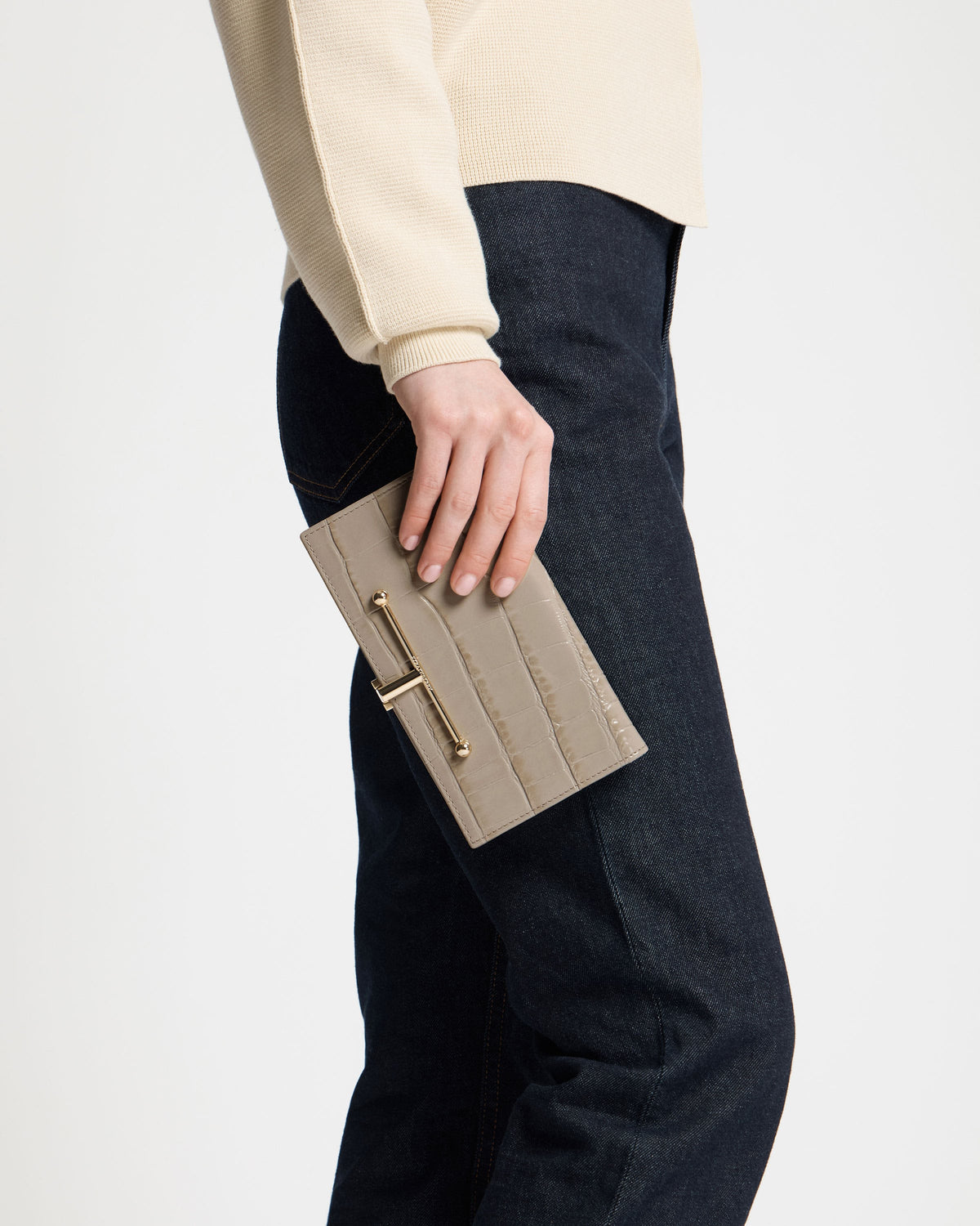 Large Melville Street Wallet - Croc-Embossed Leather Light Taupe