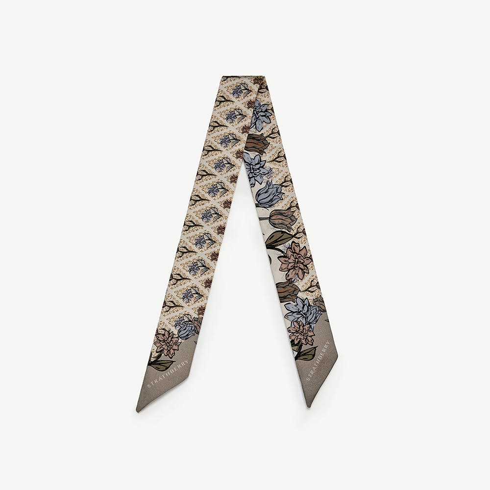 Silk Skinny Scarf - Light Taupe Wallpaper Flowers